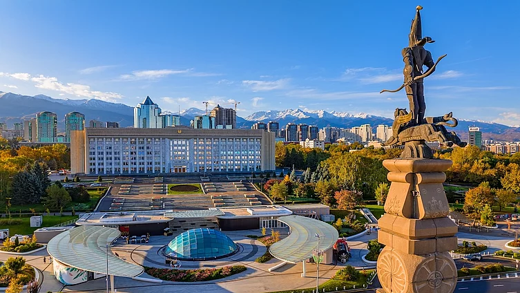 Al-Farabi Prospect in the business center of the Kazakh city of Almaty on a summer day